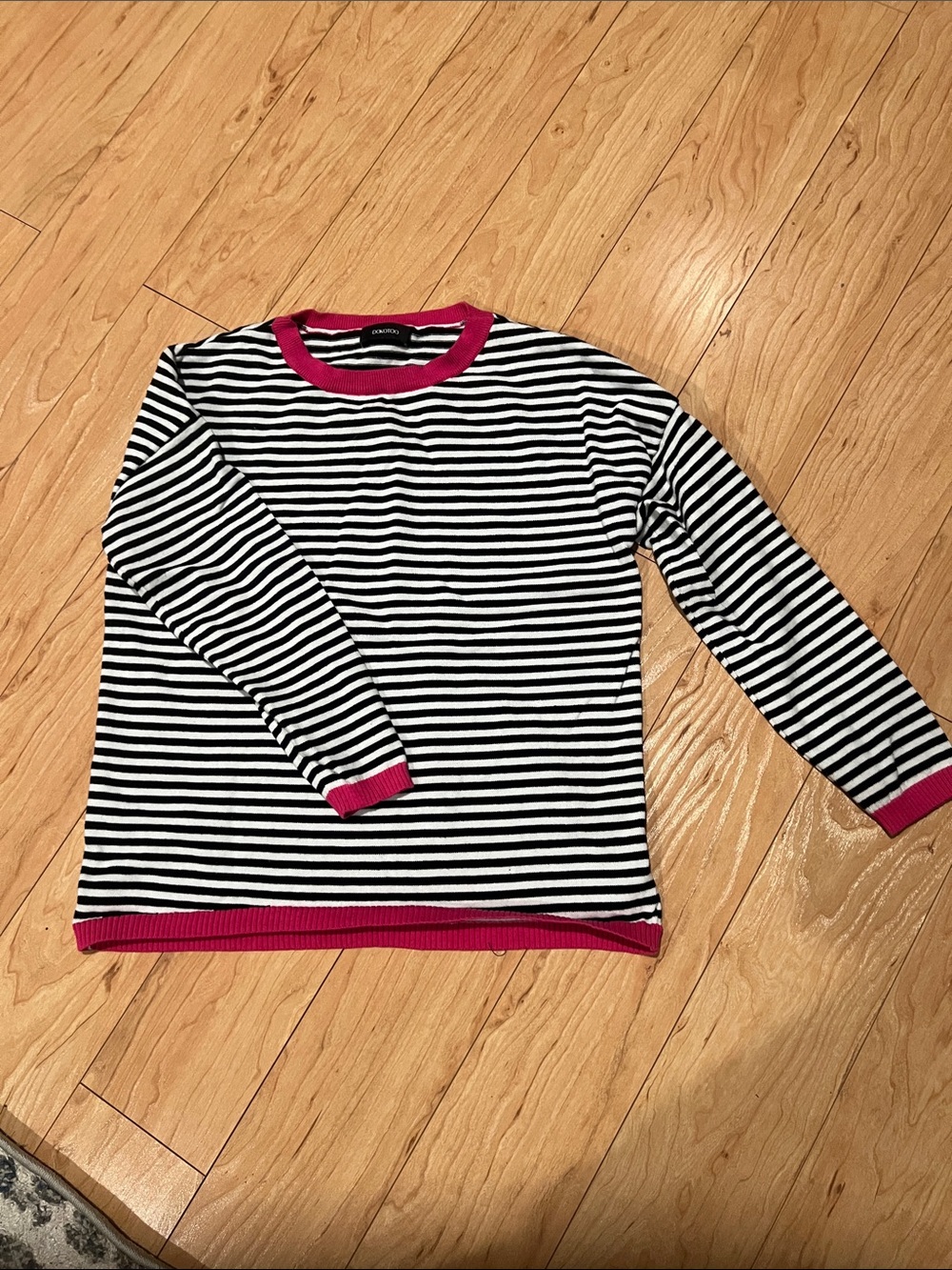 Striped Black & White Crewneck Sweater with Pink Trim